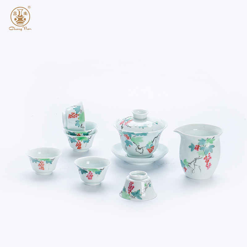 玉瓷手繪“吉運(yùn)添?！?頭蓋碗茶具套裝